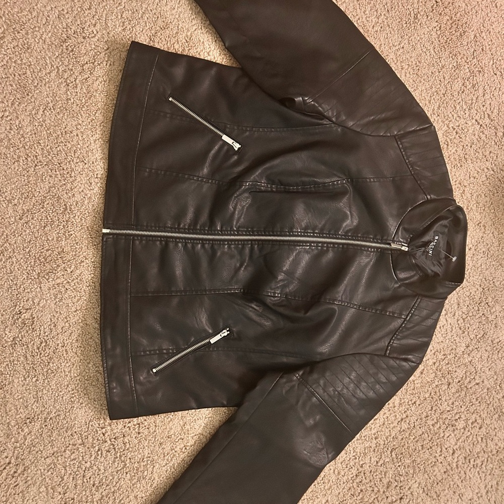 Black Leather Jacket with Zipper Details
